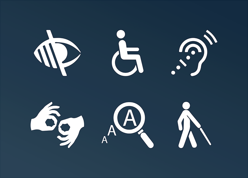 white icons of common disabilities on a blue background representing visual, auditory and physical movement disabilities